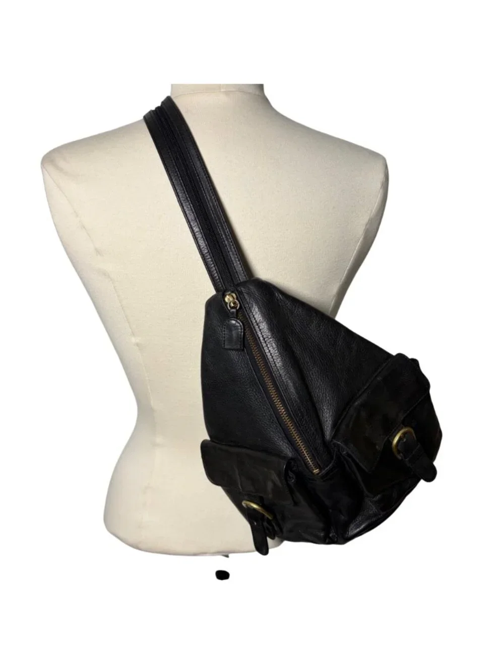 Vintage Boulder Ridge Shafmaster Leather Co Black Sling Backpack Bag Some Flaws